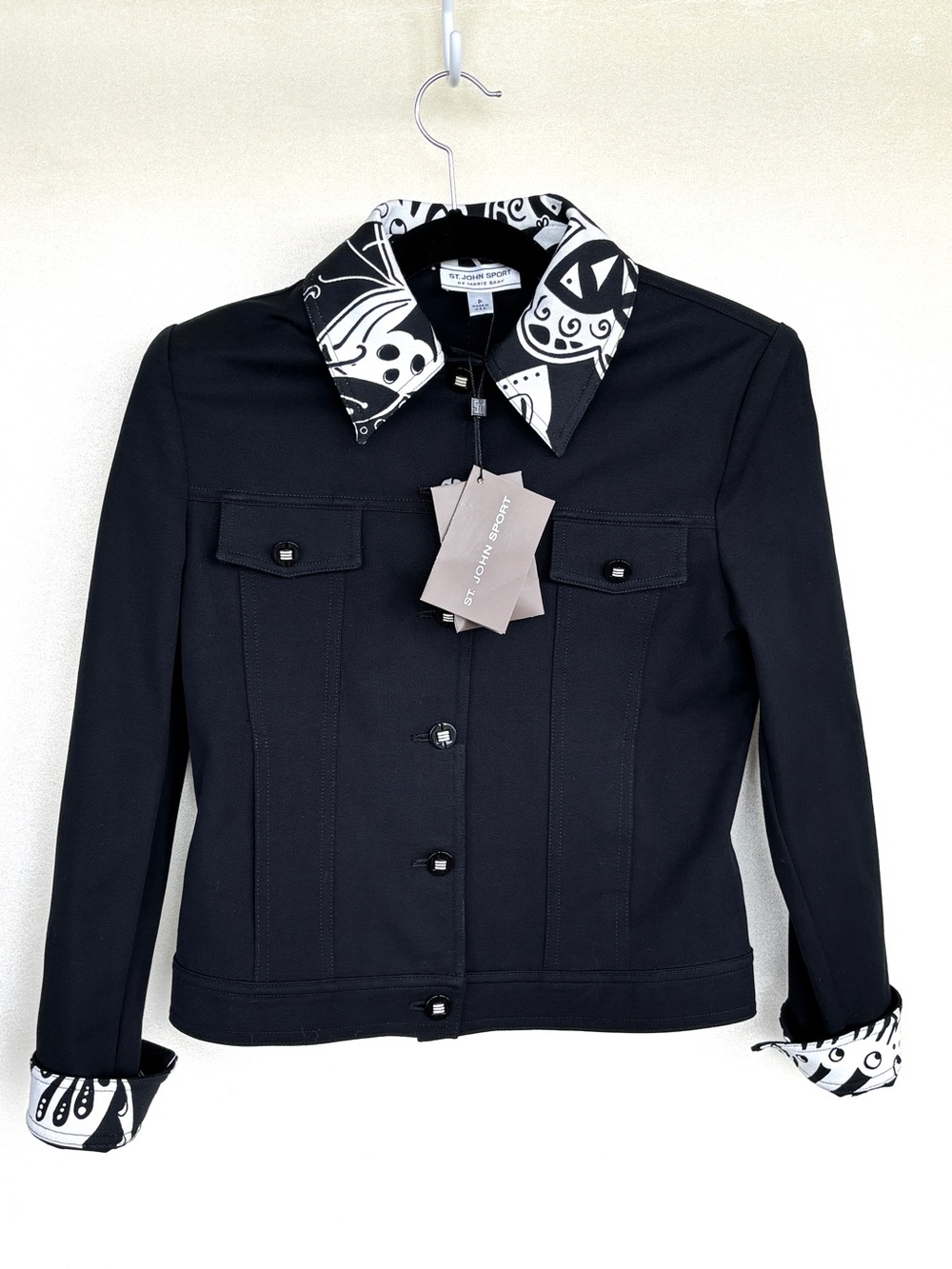 NWT St. John Sport Marie Gray USA Black Stretch Button Down Blazer Jacket Sz P